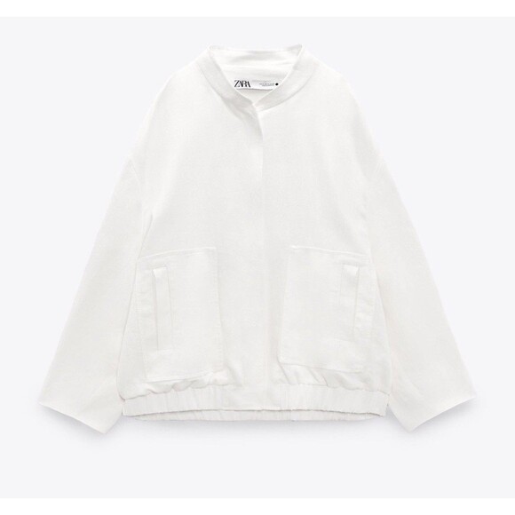 Zara Oversized Linen Blend Bomber Jacket Women Size M Ivory Pockets New - Picture 13 of 14